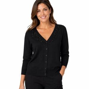 TU Women's Black Beaded V-Neck Cardigan Size 14 Long Sleeve Embellished